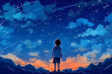 Fototapeta na wymiar A little boy looks up at a sky full of stars with an orange sunset already fading into the night. Generative AI illustration in cartoon anime style