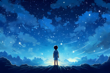 The little boy in the center looks up at the sky full of stars. Fantasy themed Generative AI illustration in cartoon anime style
