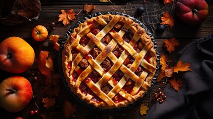 Delicious autumn pumpkin pie with rustic lattice crust. Captivating overhead view. - obrazy, fototapety, plakaty