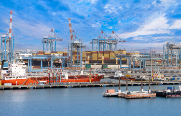 Fototapeta premium Israel, panoramic view of Haifa industrial port and terminal near downtown and financial center.