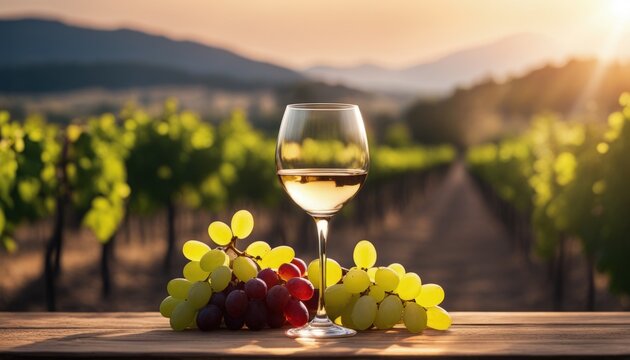 Glass of Wine with Grapes, with a Vineyard in the Background
