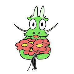 たくさんの花を抱えた龍のイラスト