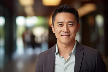 Selbstklebende Fototapeten A 40 - year - old Chinese man, smiling, wearing modern - style clothing, with high - definition facial details, looking sunny and handsome, giving a youthful vibe. created with AI © MariaJos