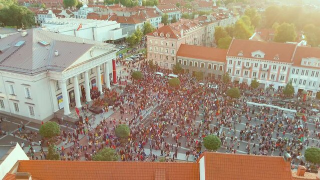 Aerial view of crowds celebrating Lithuanian Statehood Day, Vilnius, Lithuania