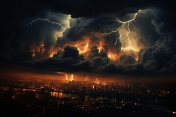 Naklejka na ściany i meble Dark storm clouds gathering over a city skyline, with flashes of lightning illuminating the sky. Generative AI