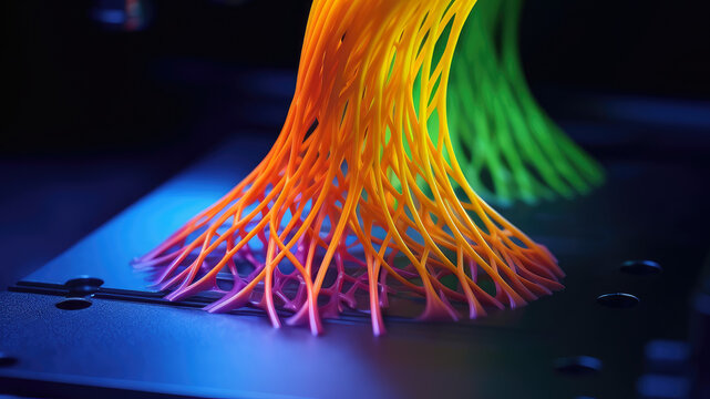 Close-up of a 3D printer's nozzle extruding vibrant colored filament onto a printing bed, creating intricate and detailed 3D models