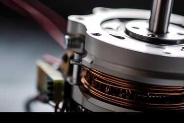 Close-up of a high precision servo motor with metallic gears and intricate wiring for industrial...