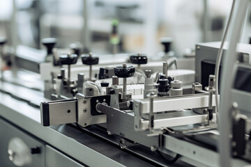 Close-up of a labeling machine in action, with labels being precisely applied onto moving products on a factory conveyor belt
