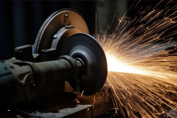 Close-up of a steel grinder disc slicing through a metal pipe, emitting sparks and smoke