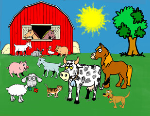 A group of farm animals have gathered around a red barn - A good child reference for identifying some common animals.
