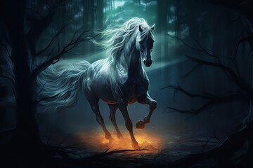 Fairy horse walking in forest. Ai art. Fantasy background