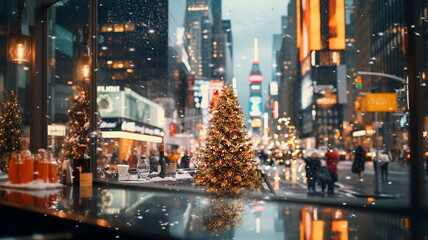 Obraz premium Christmas tree on festive city street in New York urban life ,people walk ,car traffic light view from street cafe windows glass reflection on vitrines 