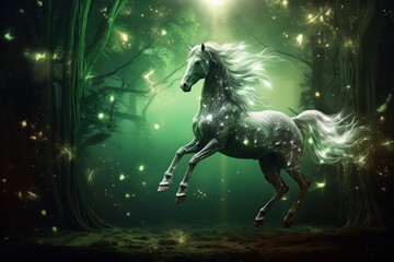 Obraz na płótnie Canvas Fairy horse walking in forest. Ai art. Fantasy background
