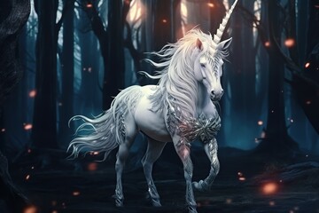 Obraz na płótnie Canvas Unicorn fairy horse in forest. Ai art. Fantasy background