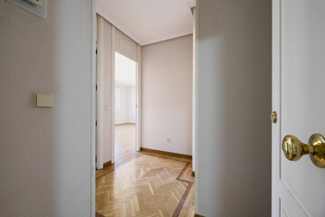 lobby of a house with a white wooden door, a built-in wardrobe