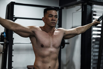 A sexy and handsome shirtless asian man does some cable crossovers. Chest day workout training at...