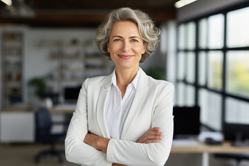 Happy middle aged business woman ceo standing in office arms crossed. Smiling mature confident professional executive manager, proud lawyer, businessman leader wearing white suit. created with AI