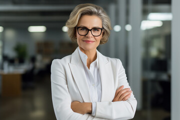 Happy middle aged business woman ceo standing in office arms crossed. Smiling mature confident professional executive manager, proud lawyer, businessman leader wearing white suit. created with AI