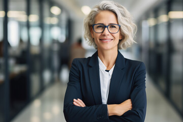Happy business woman ceo standing in office arms crossed. Smiling mature confident professional executive manager, proud lawyer, businessman leader wearing suit. created with AI
