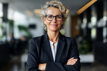 Fototapeta premium Happy business woman ceo standing in office arms crossed. Smiling mature confident professional executive manager, proud lawyer, businessman leader wearing suit. created with AI