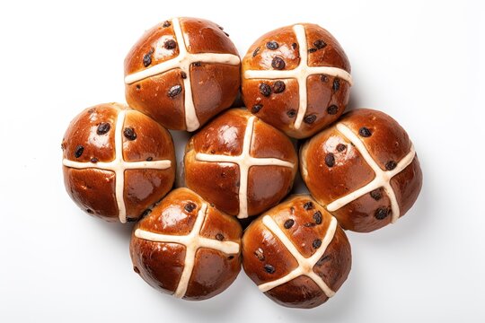 Top view of freshly baked hot cross buns on white backgroud. Generative AI