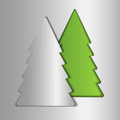 paper cut green christmas tree on silver background, modern minimalist style