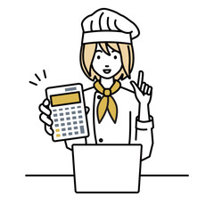 座ってデスクでノートPCを開いて電卓を持ってこちらに向けて見せている調理師の女性