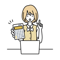 座ってデスクでノートPCを開いて電卓を持ってこちらに向けて見せている事務員制服の女性