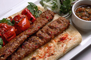 Lamb lula kebab, with baked tomatoes, onions and sauce, on a white plate, on a white background
