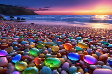 Fototapeta na wymiar sunset on the beach with sky and glittering pills. Generative AI