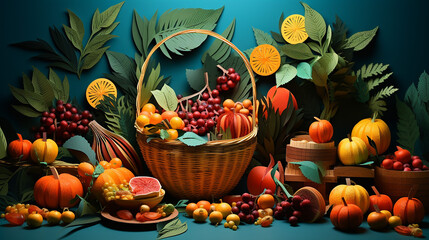 Obraz na płótnie Canvas Delicious Harvest Feast Tempting Food Photography with basket in Papercut Style. Generative AI