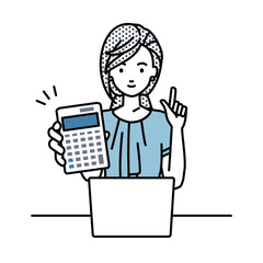 a woman in casual work style recommending, proposing, showing estimates and pointing a calculator with a smile in front of laptop pc