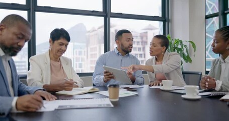 Manager, tablet or business people in meeting planning team mission, website or online strategy in digital agency. Collaboration, research or CEO in discussion for social media sales growth in office - Powered by Adobe