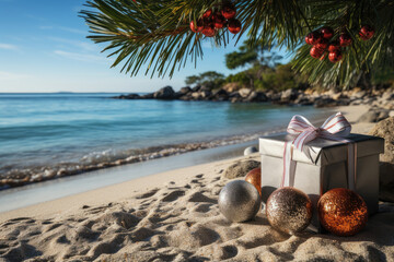 Fototapeta na wymiar Christmas box with baubles on a tropical beach. Christmas Holiday travel.