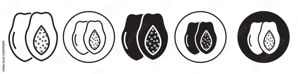 Poster papaya symbol icon set collection. flat outlined vector half cut summer exotic fruit salad slice in 