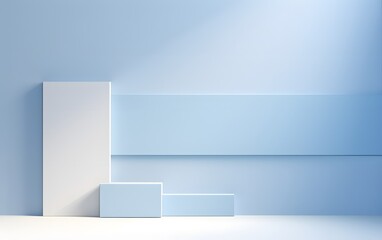3d render, abstract background, empty room with blue wall and white podium