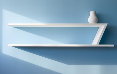 White shelf with vase on blue wall, 3d render illustration
