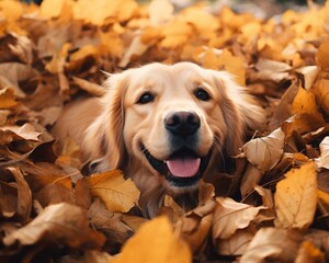 Happy golden retriever playing in a pile of leaves. 