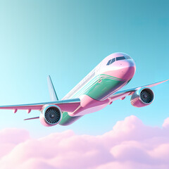 Pink and green airplane flying over the clouds with turquoise sky. Generative AI