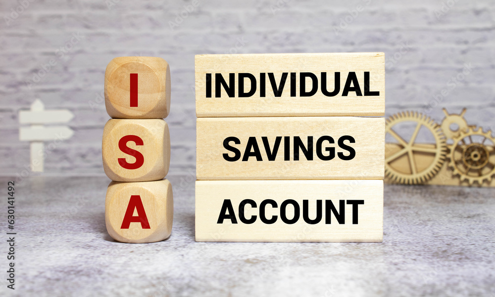 Poster concept-image for individual savings account called an isa. stained and gold wooden blocks with embo
