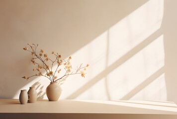 Vase with dried flowers on table in sunlight