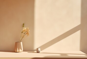 3d rendering, minimalistic interior design, vase with flowers, beige wall