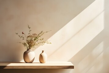 Vase with dried flowers on wooden shelf near beige wall