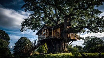 A Professional Shot of a Treehouse made of Wood.