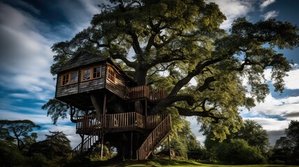 Fototapeta premium A Professional Shot of a Treehouse made of Wood.