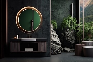 Insane Interior Design of a Dark Green Mixed with Black Bathroom.