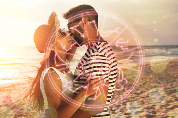 Horoscope compatibility. Loving couple and zodiac wheel