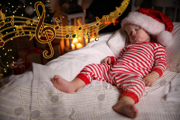 Lullaby songs. Cute little baby in Santa hat sleeping at home. Illustration of flying music notes...