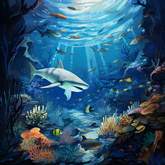 Obraz na płótnie Canvas Ocean Fish and Shark Seafloor Background. Created Using Generative AI