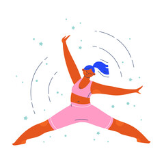 Woman character in a balancing dancing pose doing a split. Flat colorful people vector illustration.